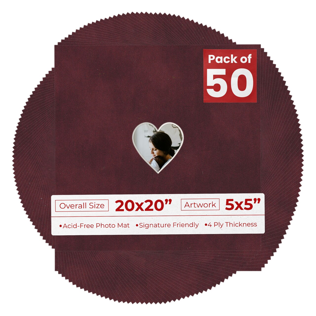 Dark Red Suede Mat Board for 20x20 Frames - Heart Opening for 5x5 Photos